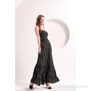 Vestido maxi listrado vertical em preto e branco